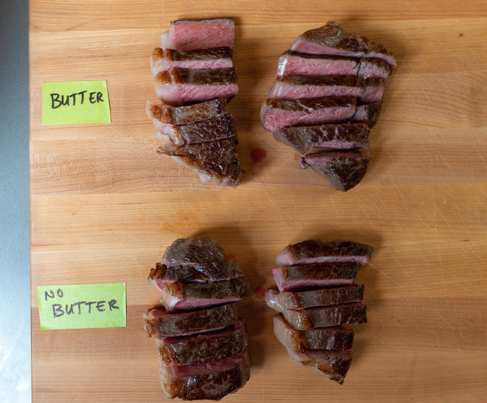 Sous vide steaks on cutting board